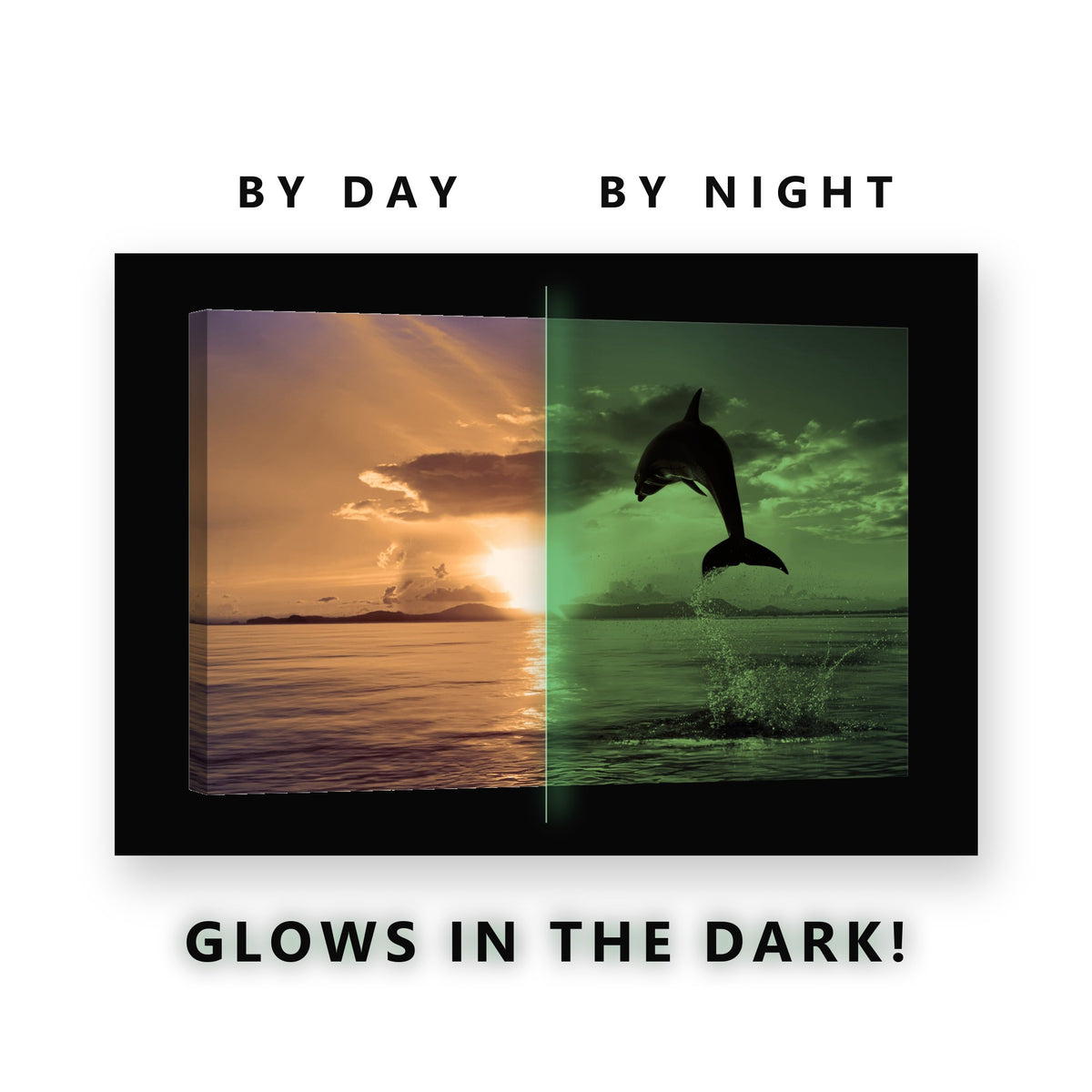 Glowing Dolphin Sunset Leap Glow in the Dark Canvas Wall Art for Boys Bedroom, glowing at night