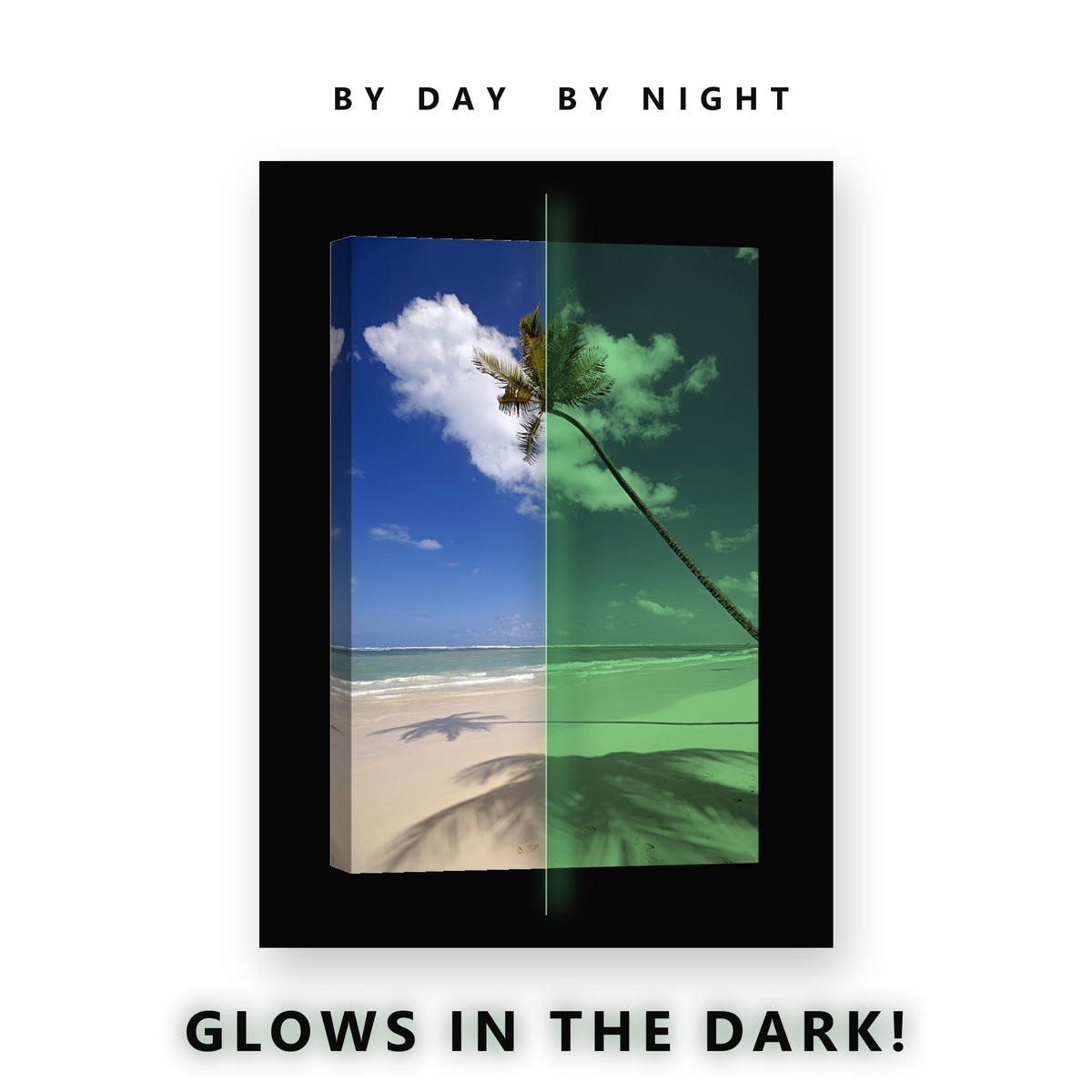Glowing Lone Palm Tree Beach Glow in the Dark Canvas Wall Art for Bedroom, glowing at night