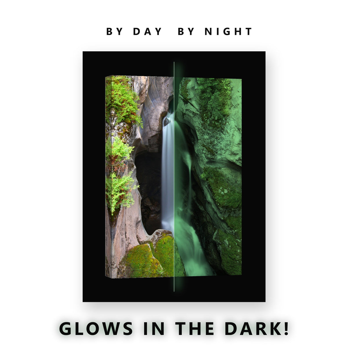 Glowing Hidden Grotto Waterfall Glow in the Dark Canvas Wall Art for Living Room, glowing at night