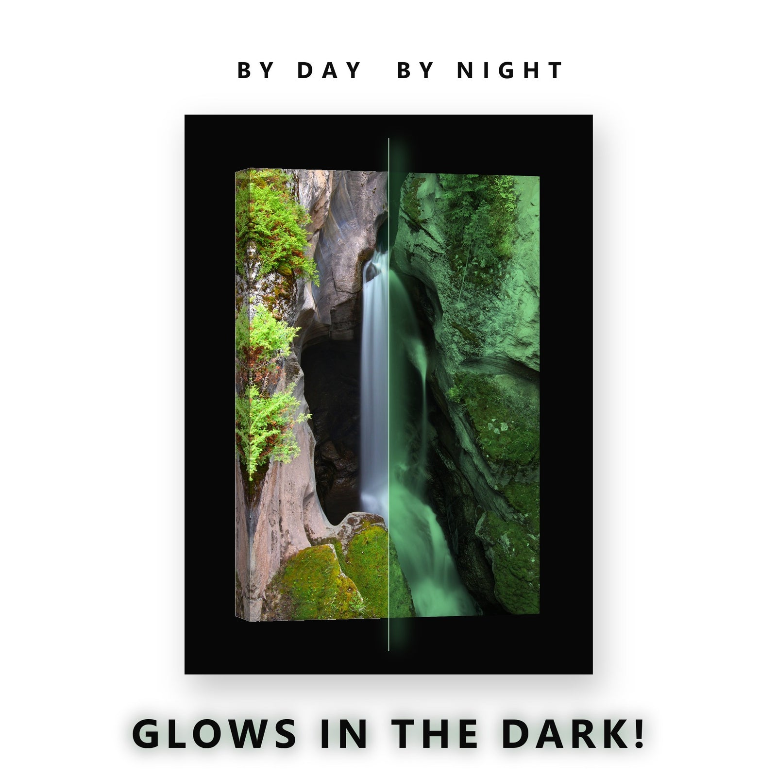 Glowing Hidden Grotto Waterfall Glow in the Dark Canvas Wall Art for Living Room, glowing at night