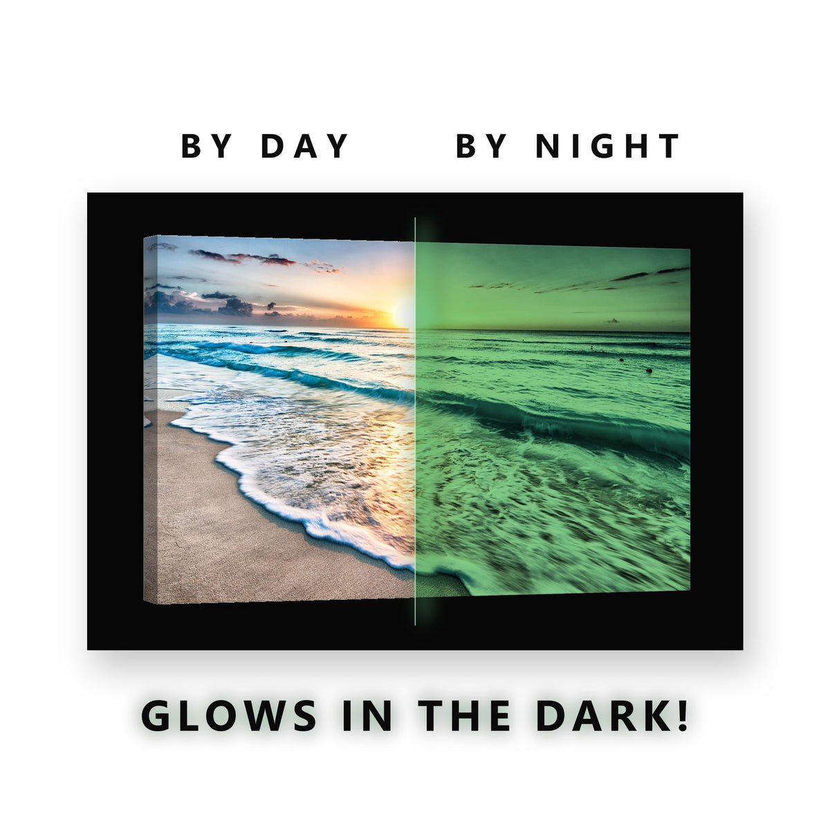 Glowing Tropical Sunset Waves Glow in the Dark Canvas Wall Art for Bedroom, glowing at night