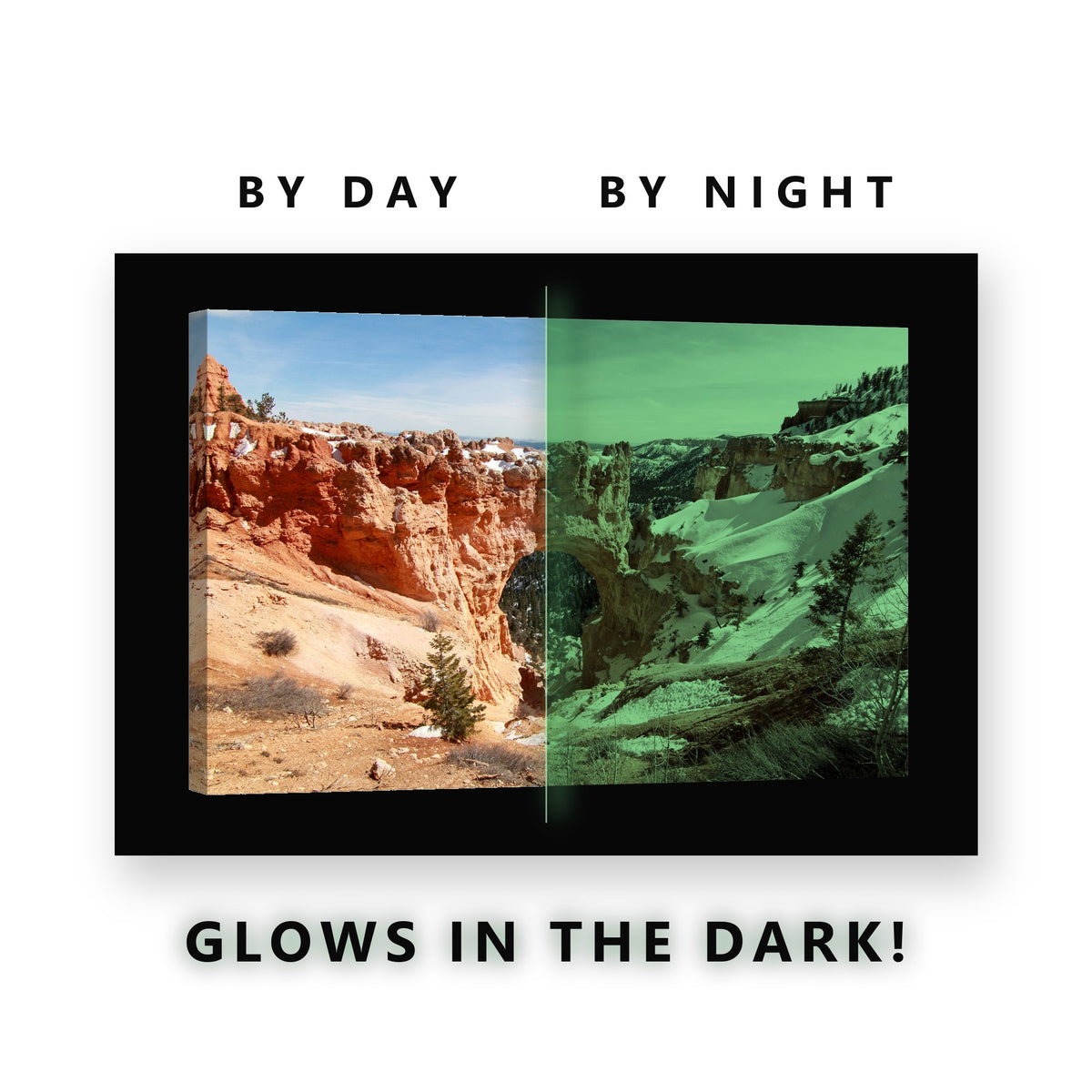 Glowing Red Rock Snowy Arch Glow in the Dark Canvas Wall Art for Living Room, glowing at night