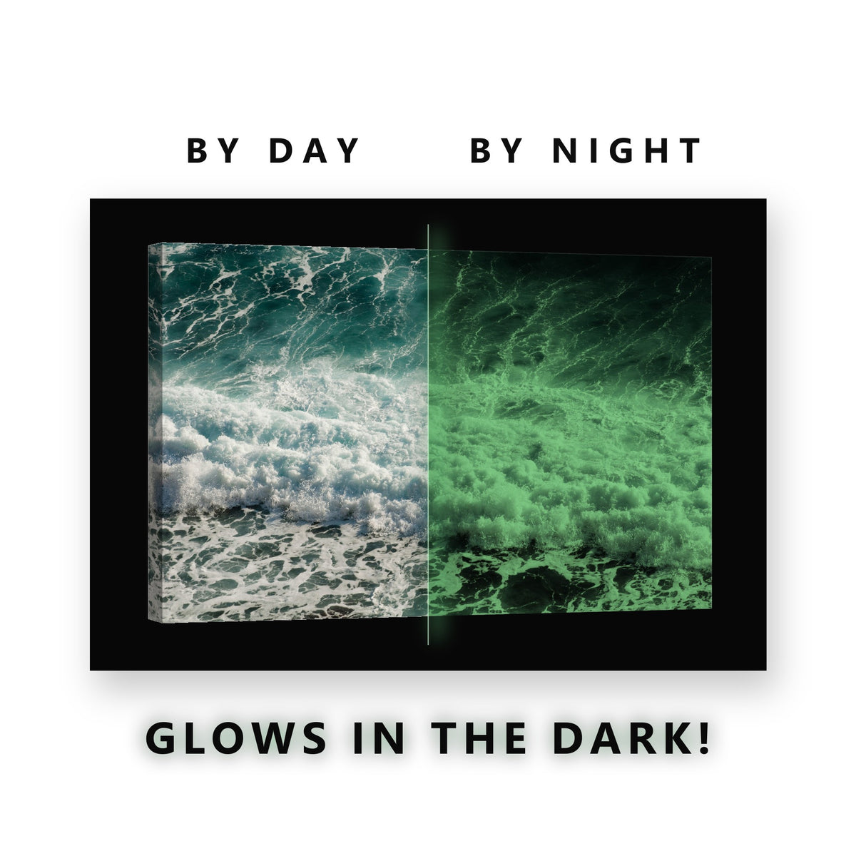 Glowing Aerial Wave Breaking Glow in the Dark Canvas Wall Art for Man Cave, glowing at night