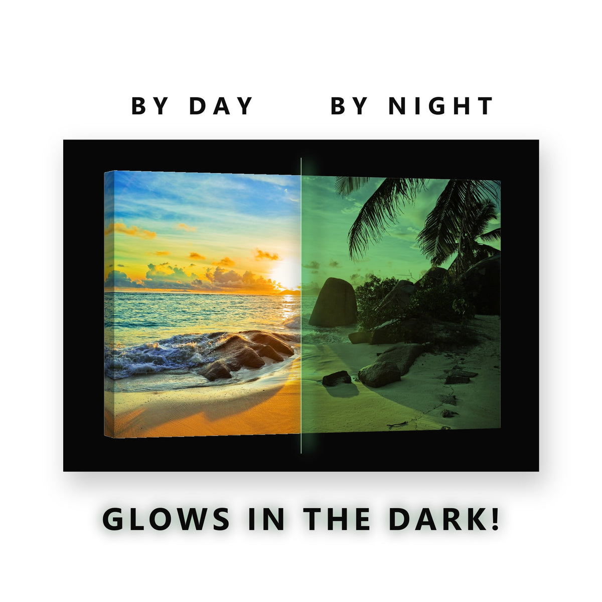 Glowing Beach Boulders Sunset Glow in the Dark Canvas Wall Art for Bedroom, glowing at night