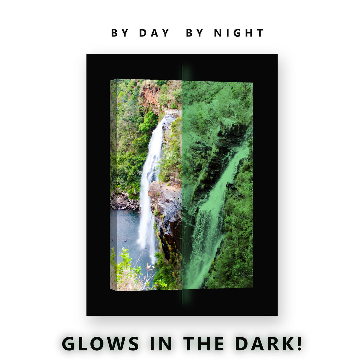 Glowing Twin Waterfalls Lake Glow in the Dark Canvas Wall Art for Living Room, glowing at night