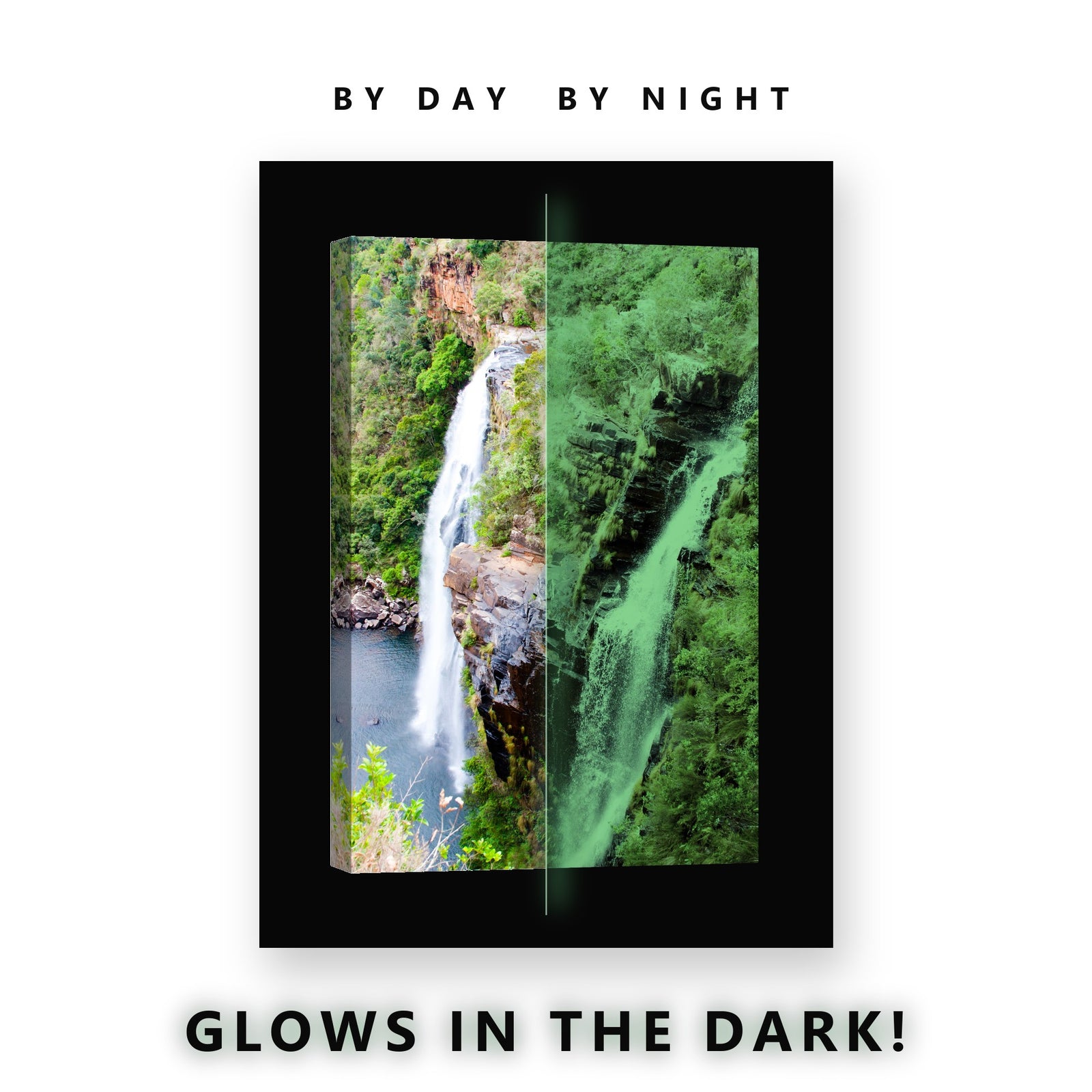 Glowing Twin Waterfalls Lake Glow in the Dark Canvas Wall Art for Living Room, glowing at night