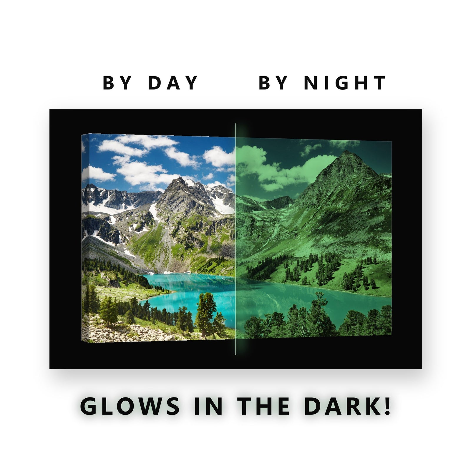 Glowing Turquoise Alpine Peaks Glow in the Dark Canvas Wall Art for Living Room, glowing at night