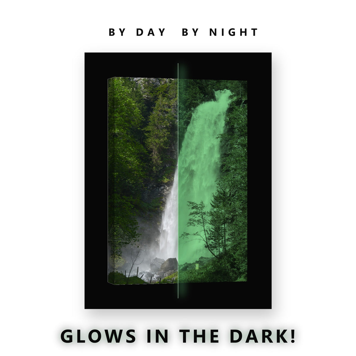 Glowing Forest Gorge Waterfall Glow in the Dark Canvas Wall Art for Living Room, glowing at night