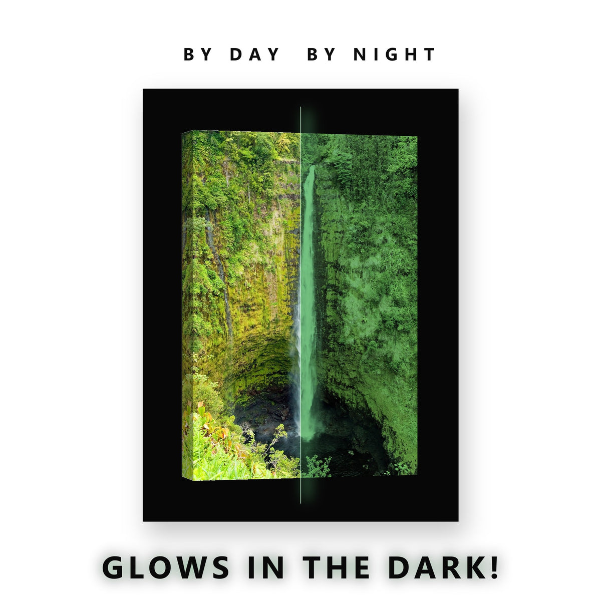 Glowing Single Drop Waterfall Glow in the Dark Canvas Wall Art for Living Room, glowing at night