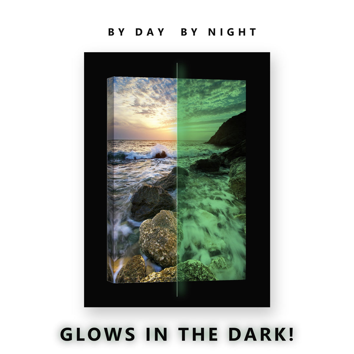 Glowing Rocky Beach Headland Glow in the Dark Canvas Wall Art for Bedroom, glowing at night