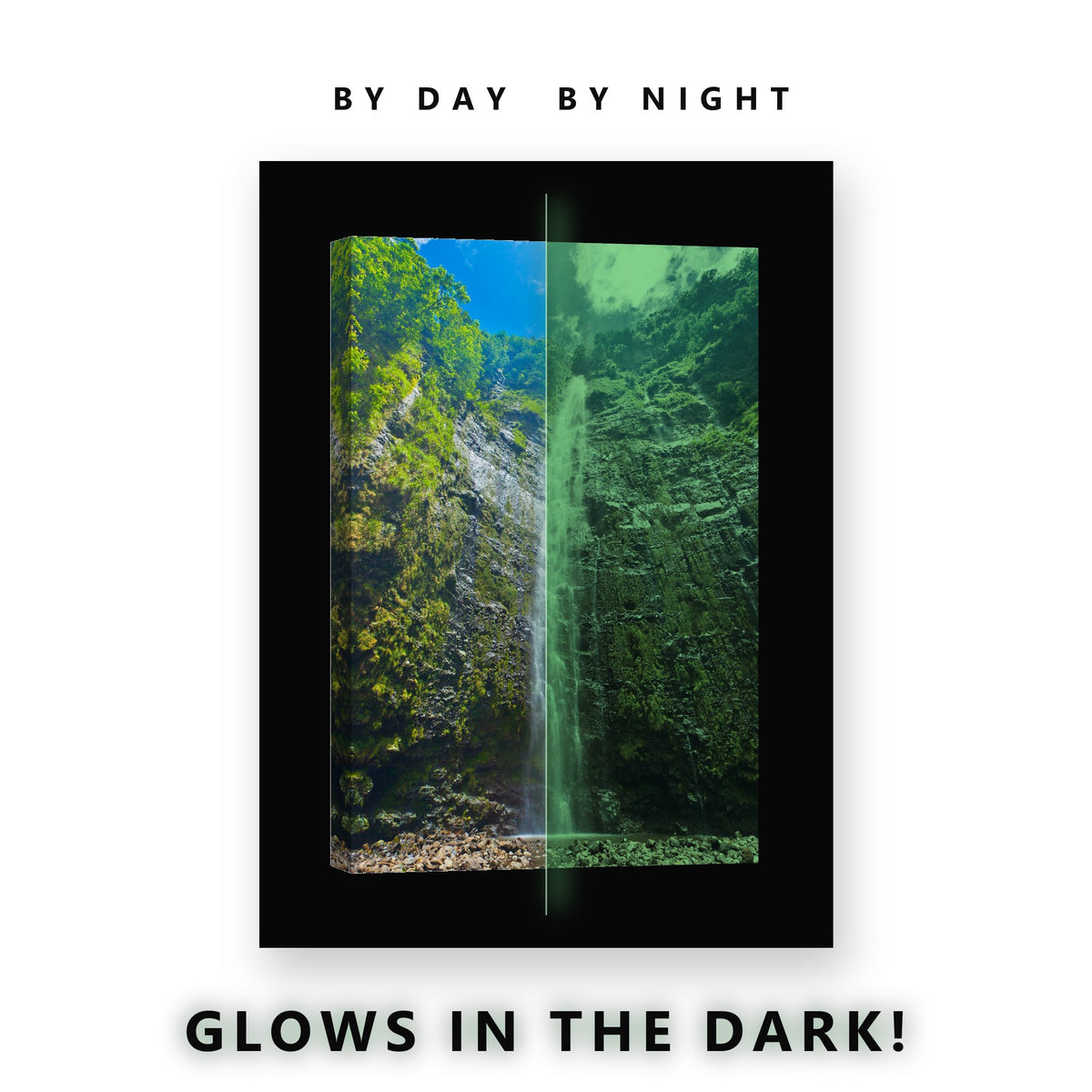 Glowing Forest Waterfall Pool Glow in the Dark Canvas Wall Art for Living Room, glowing at night