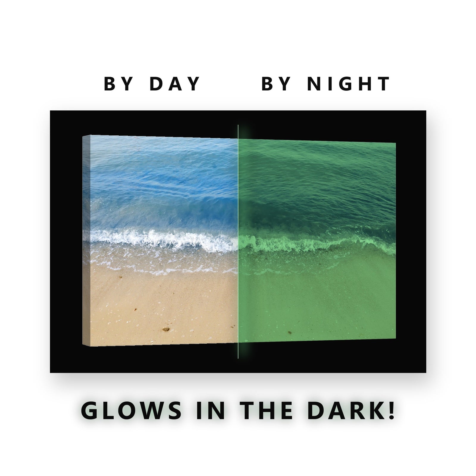 Glowing Calm Ocean Shoreline Glow in the Dark Canvas Wall Art for Bedroom, glowing at night