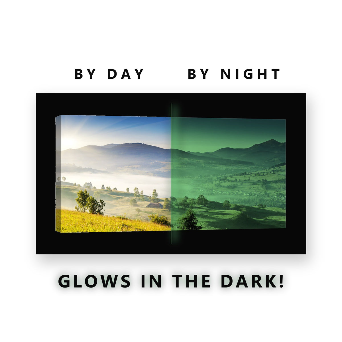 Glowing Misty Valley Village Glow in the Dark Canvas Wall Art for Living Room, glowing at night