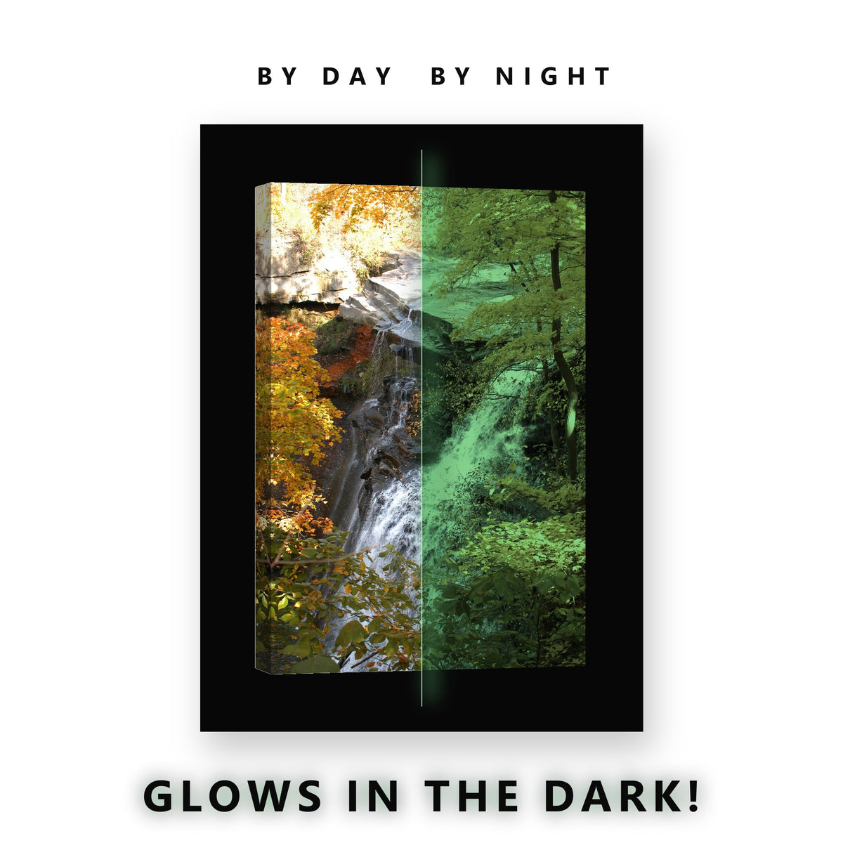 Glowing Autumn Waterfall Leaves Glow in the Dark Canvas Wall Art for Living Room, glowing at night
