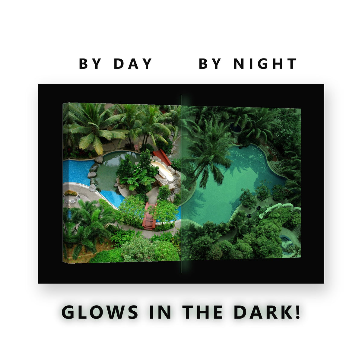 Glowing Tropical Resort Pool Glow in the Dark Canvas Wall Art for Living Room, glowing at night