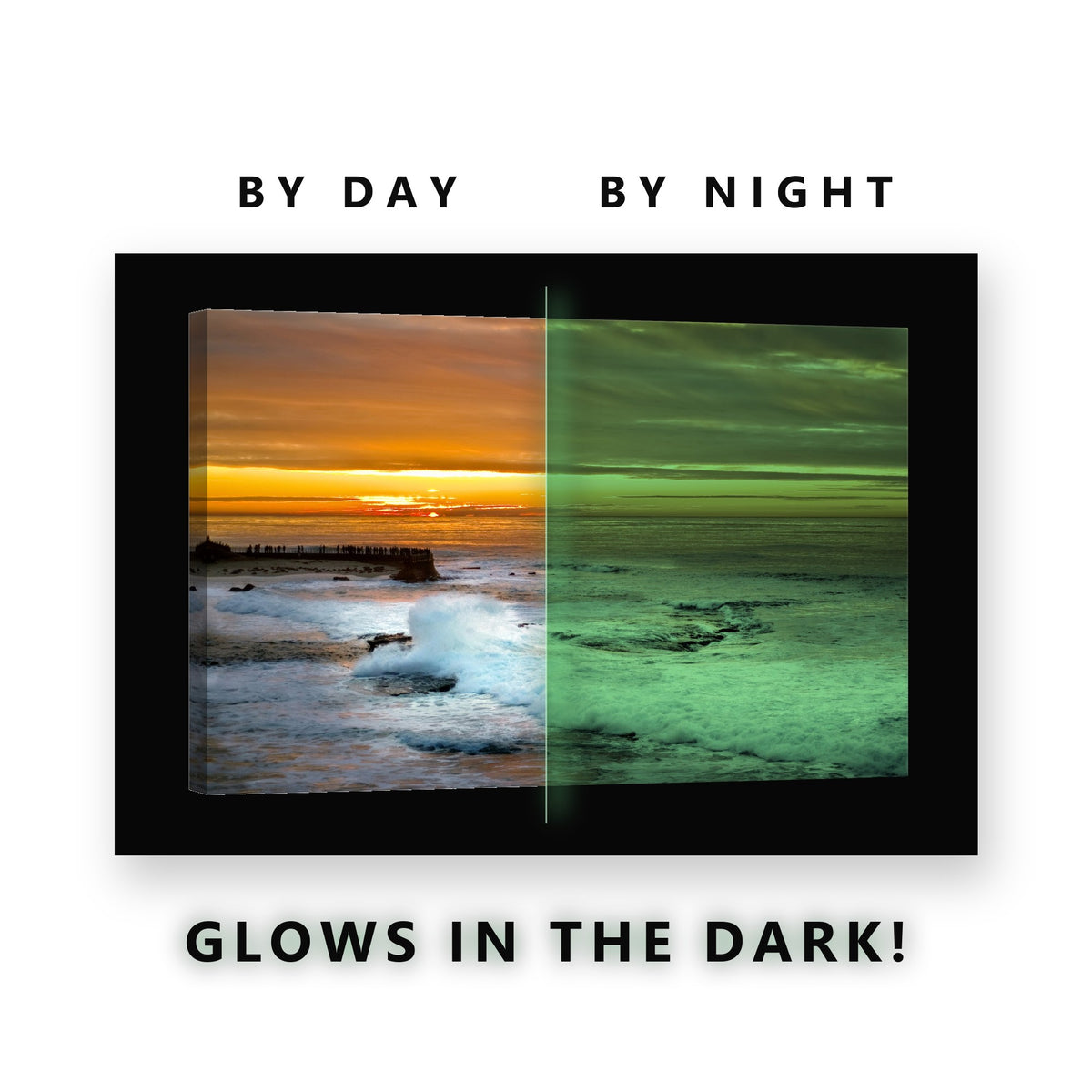 Glowing Golden Sunset Pier Glow in the Dark Canvas Wall Art for Bedroom, glowing at night