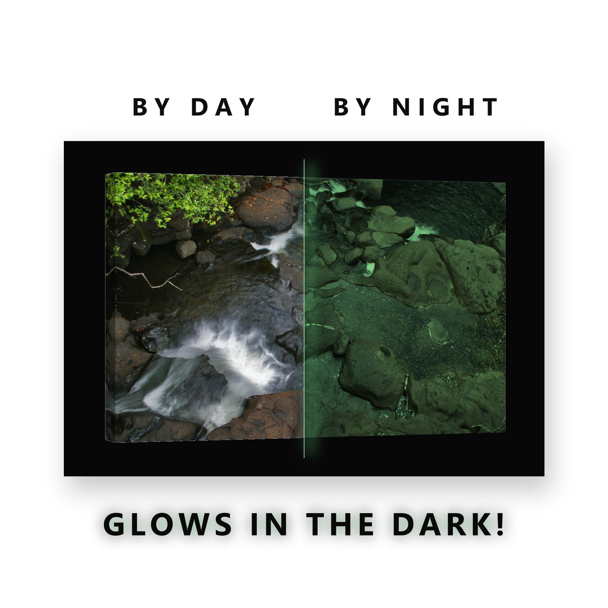 Glowing Rocky Mountain Stream Glow in the Dark Canvas Wall Art for Living Room, glowing at night