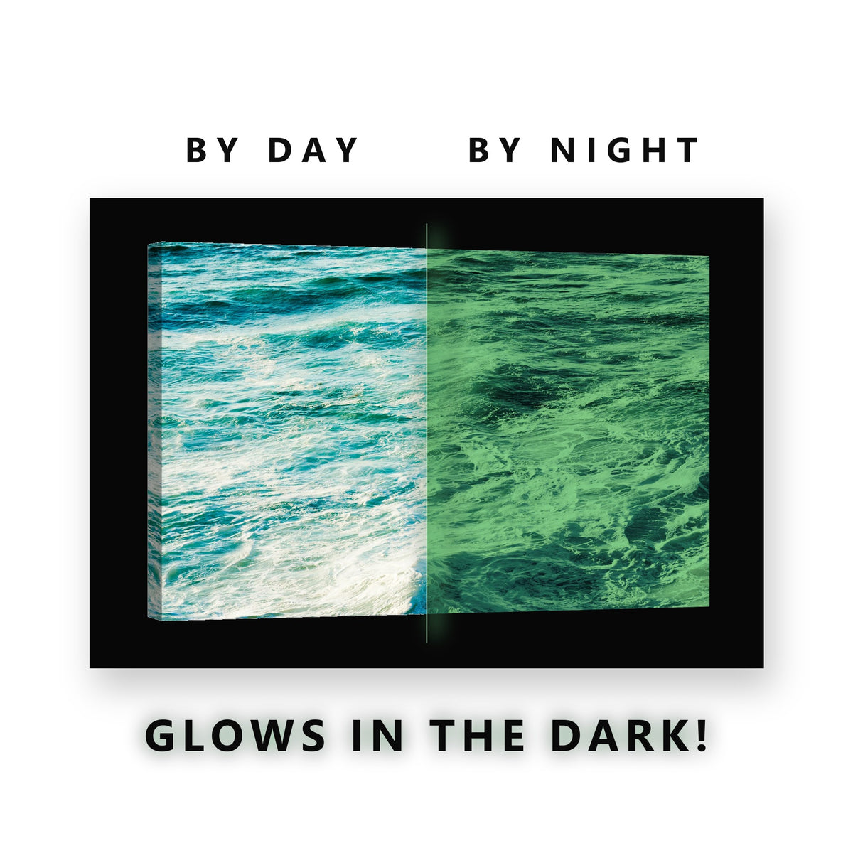 Glowing Turquoise Ocean Foam Glow in the Dark Canvas Wall Art for Bedroom, glowing at night