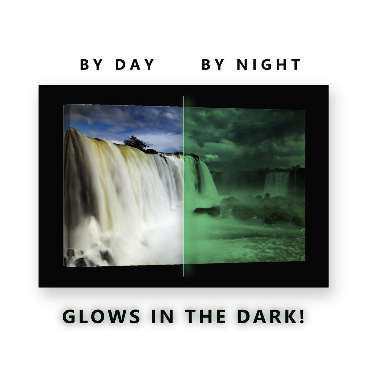 Glowing Curtain Waterfall Mist Glow in the Dark Canvas Wall Art for Living Room, glowing at night