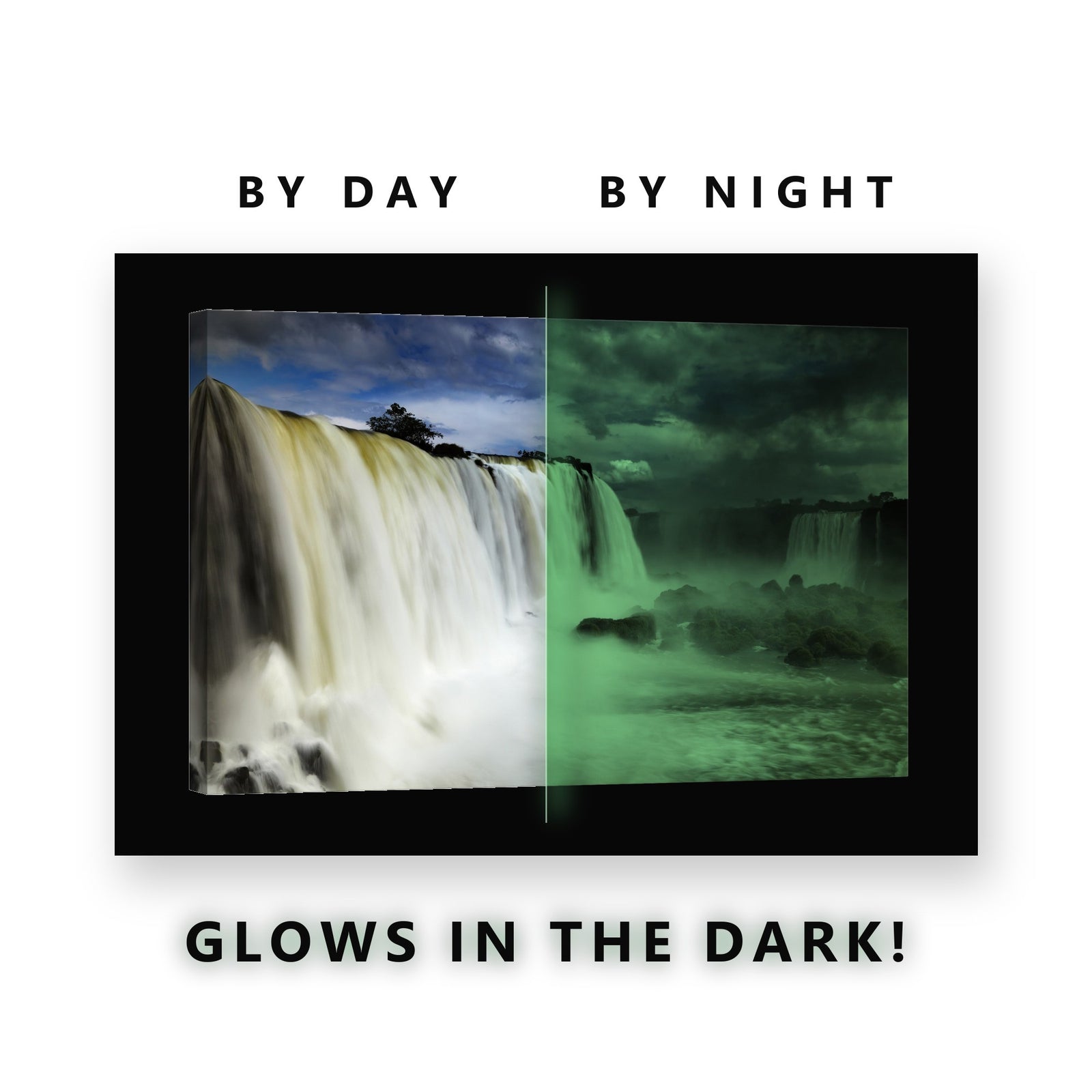 Glowing Curtain Waterfall Mist Glow in the Dark Canvas Wall Art for Living Room, glowing at night