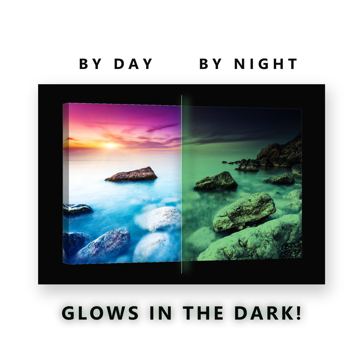 Glowing Purple Sunset Sea Rocks Glow in the Dark Canvas Wall Art for Bedroom, glowing at night