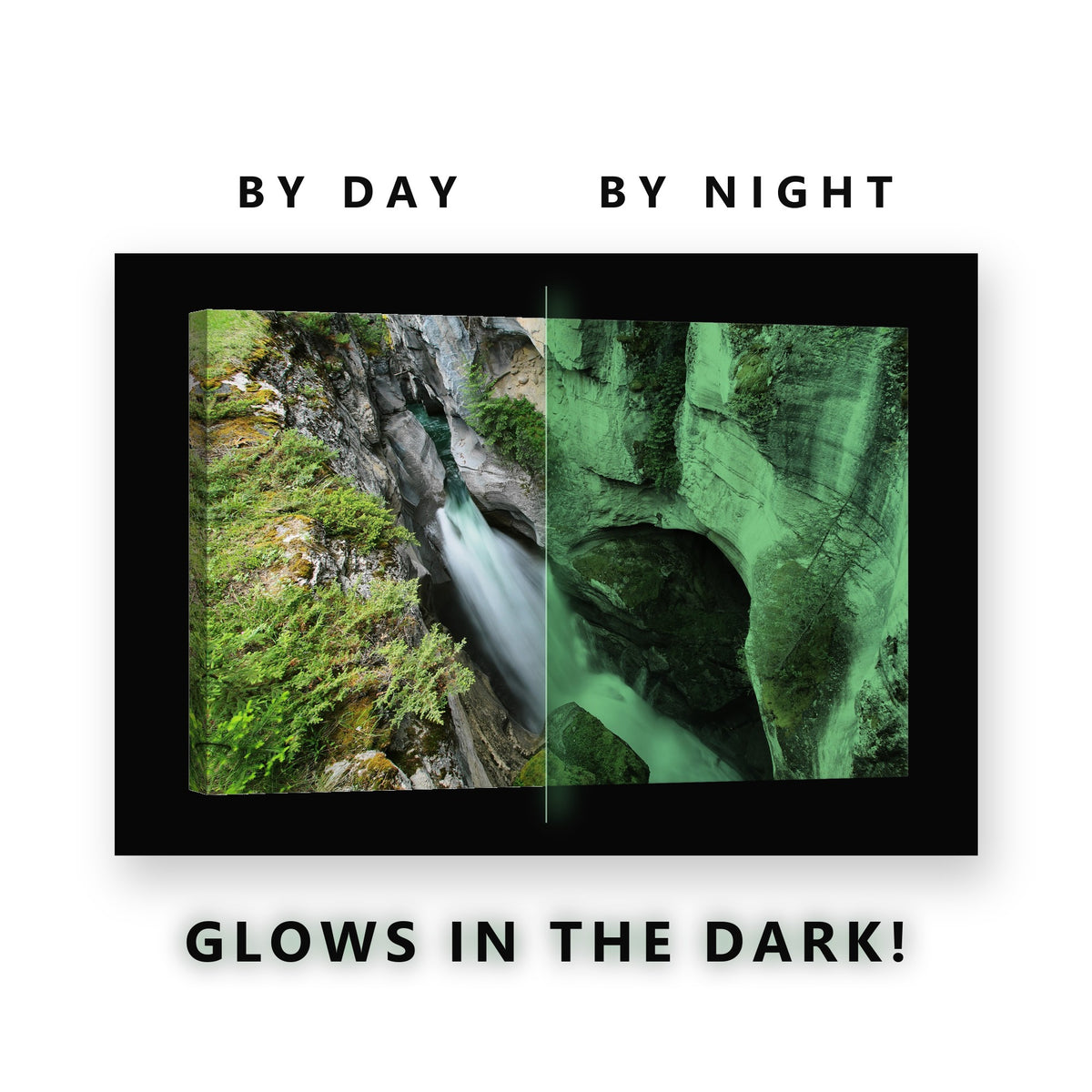 Glowing Rock Canyon Waterfall Glow in the Dark Canvas Wall Art for Living Room, glowing at night