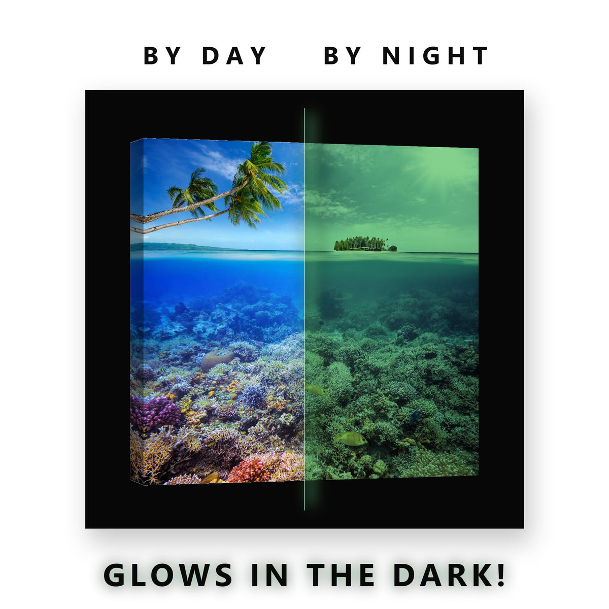 Glowing Split View Island Reef Glow in the Dark Canvas Wall Art for Bedroom, glowing at night