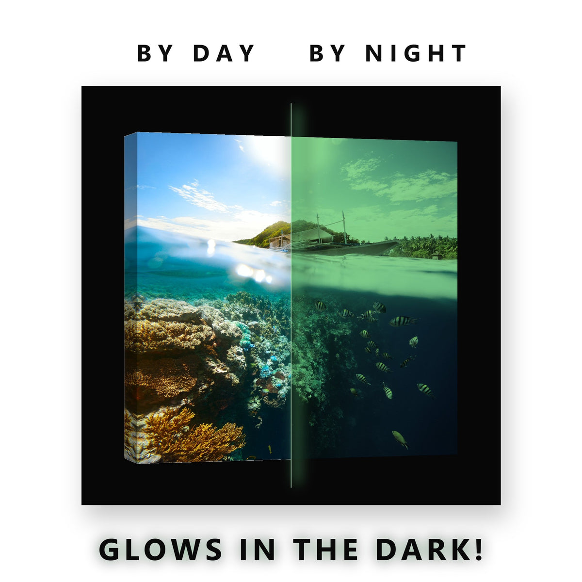Glowing Boat Coral Reef Island Glow in the Dark Canvas Wall Art for Bedroom, glowing at night
