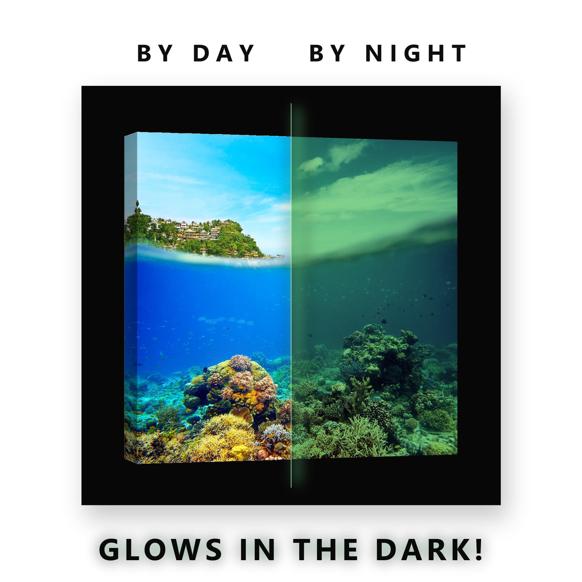 Glowing Hillside Village Reef Glow in the Dark Canvas Wall Art for Bedroom, glowing at night