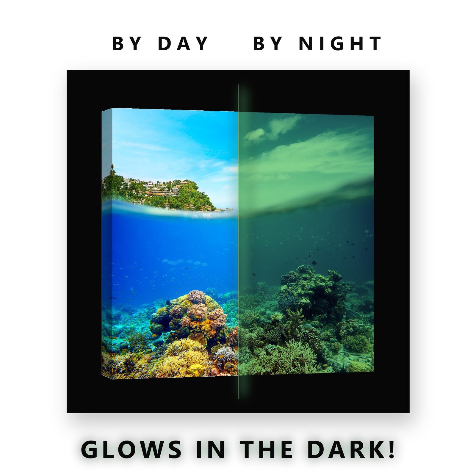 Glowing Hillside Village Reef Glow in the Dark Canvas Wall Art for Bedroom, glowing at night