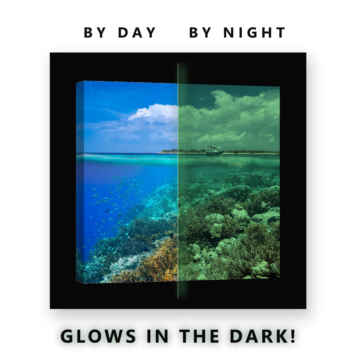 Glowing Moored Boat Coral Reef Glow in the Dark Canvas Wall Art for Bedroom, glowing at night