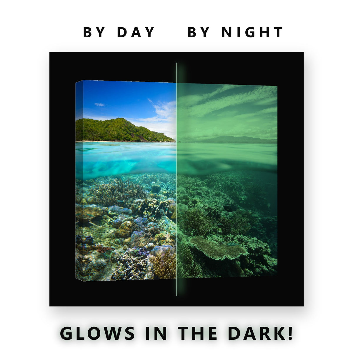 Island Coastline Coral Reef Glow in the Dark Canvas Wall Art for Bedroom, glowing at night