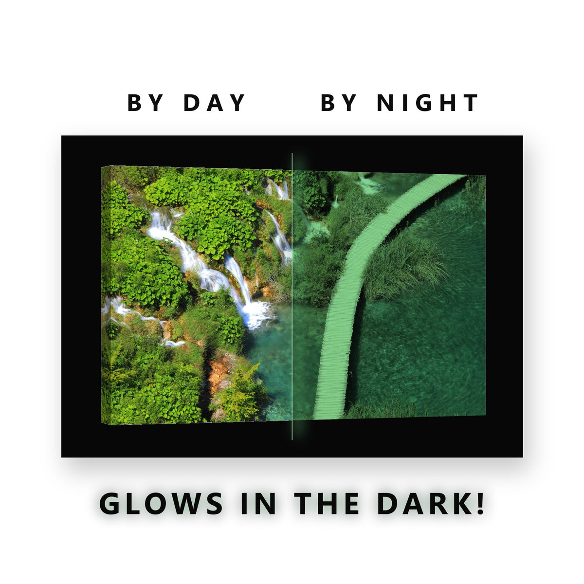 Aerial Terraced Waterfalls Glow in the Dark Canvas Wall Art for Living Room, glowing at night