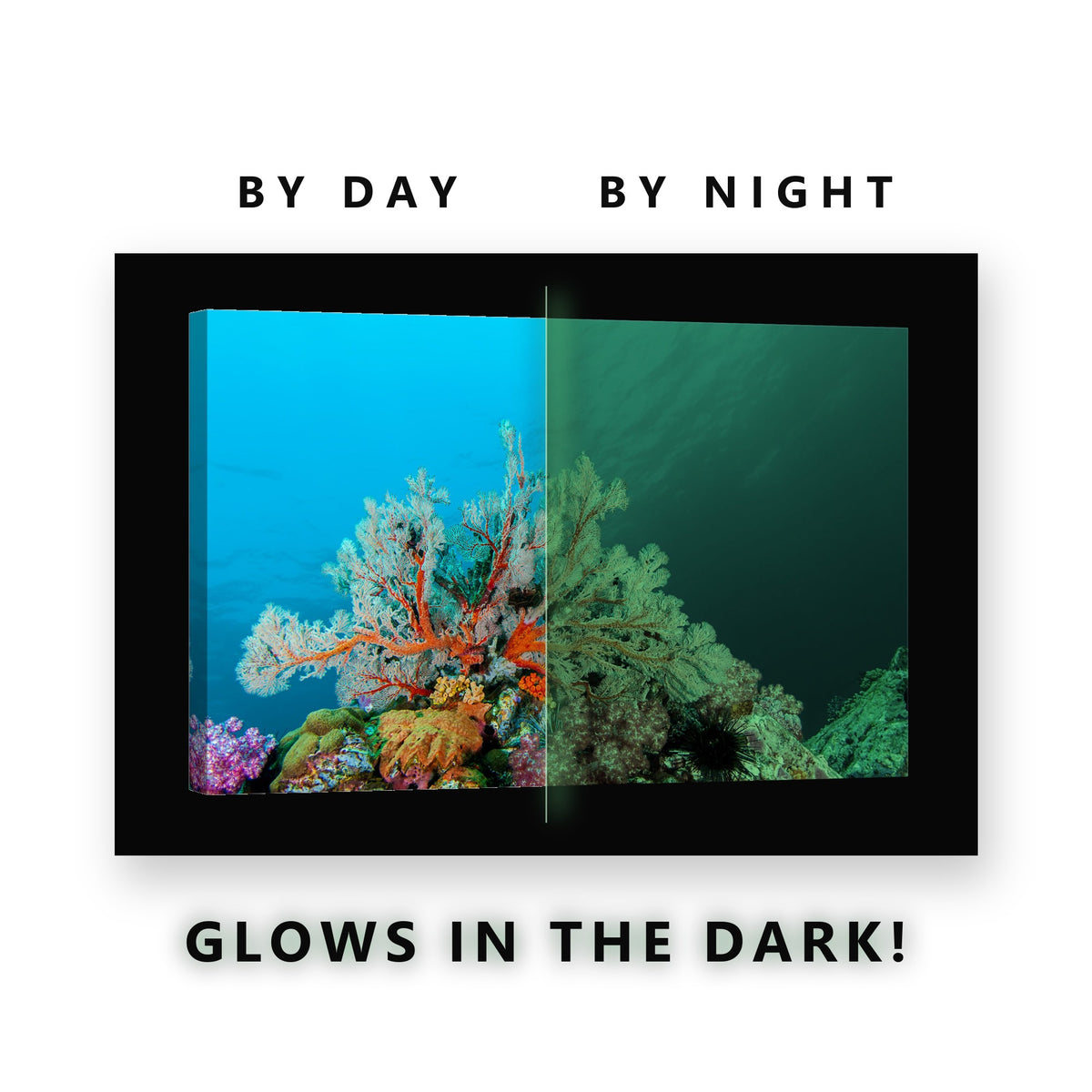 Orange Sea Fan Coral Cluster Glow in the Dark Canvas Wall Art for Bedroom, glowing at night