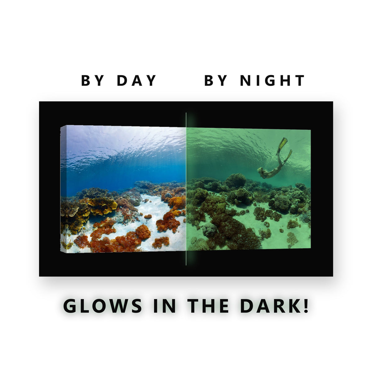 Snorkeler Coral Reef View Glow in the Dark Canvas Wall Art for Bedroom, glowing at night