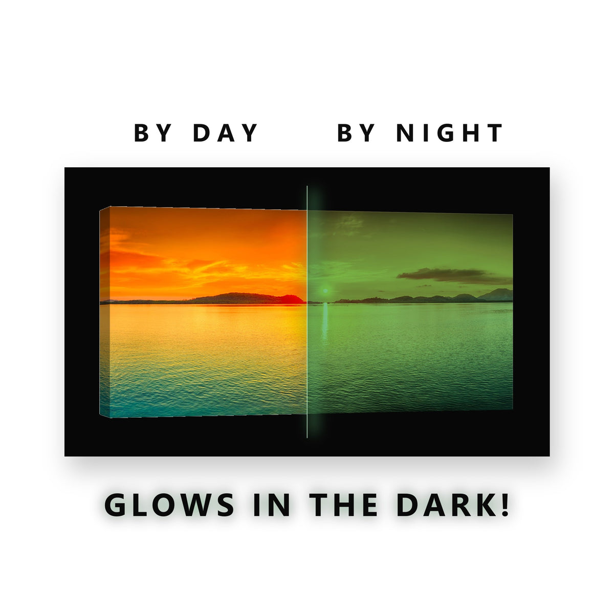 Golden Sunset Island Waters Glow in the Dark Canvas Wall Art for Living Room, glowing at night