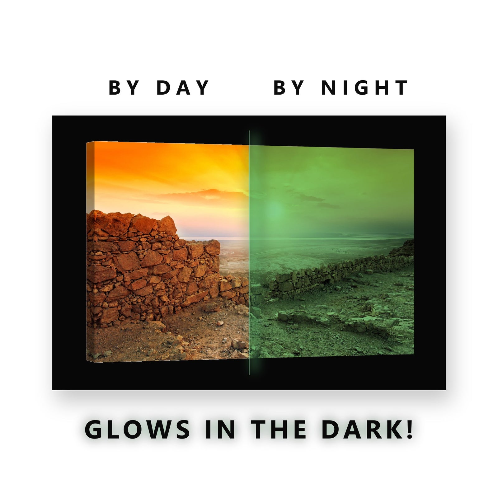 Desert Fortress Ruin Sunset Glow in the Dark Canvas Wall Art for Living Room, glowing at night