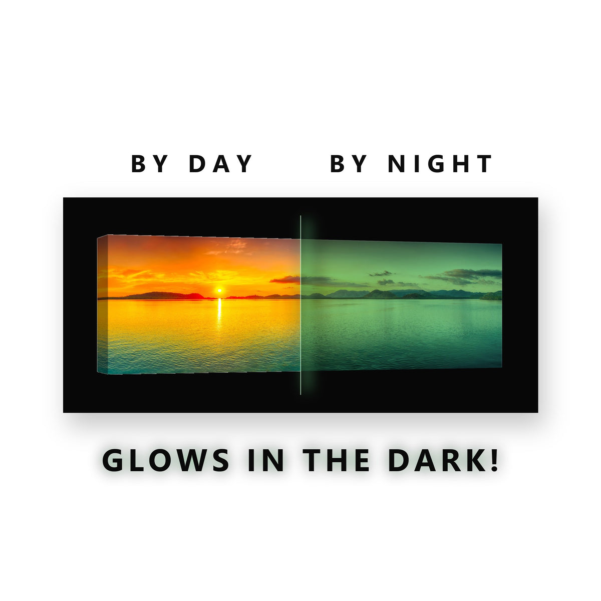 Panoramic Sunset Mountain Water Glow in the Dark Canvas Wall Art for Living Room, glowing at night