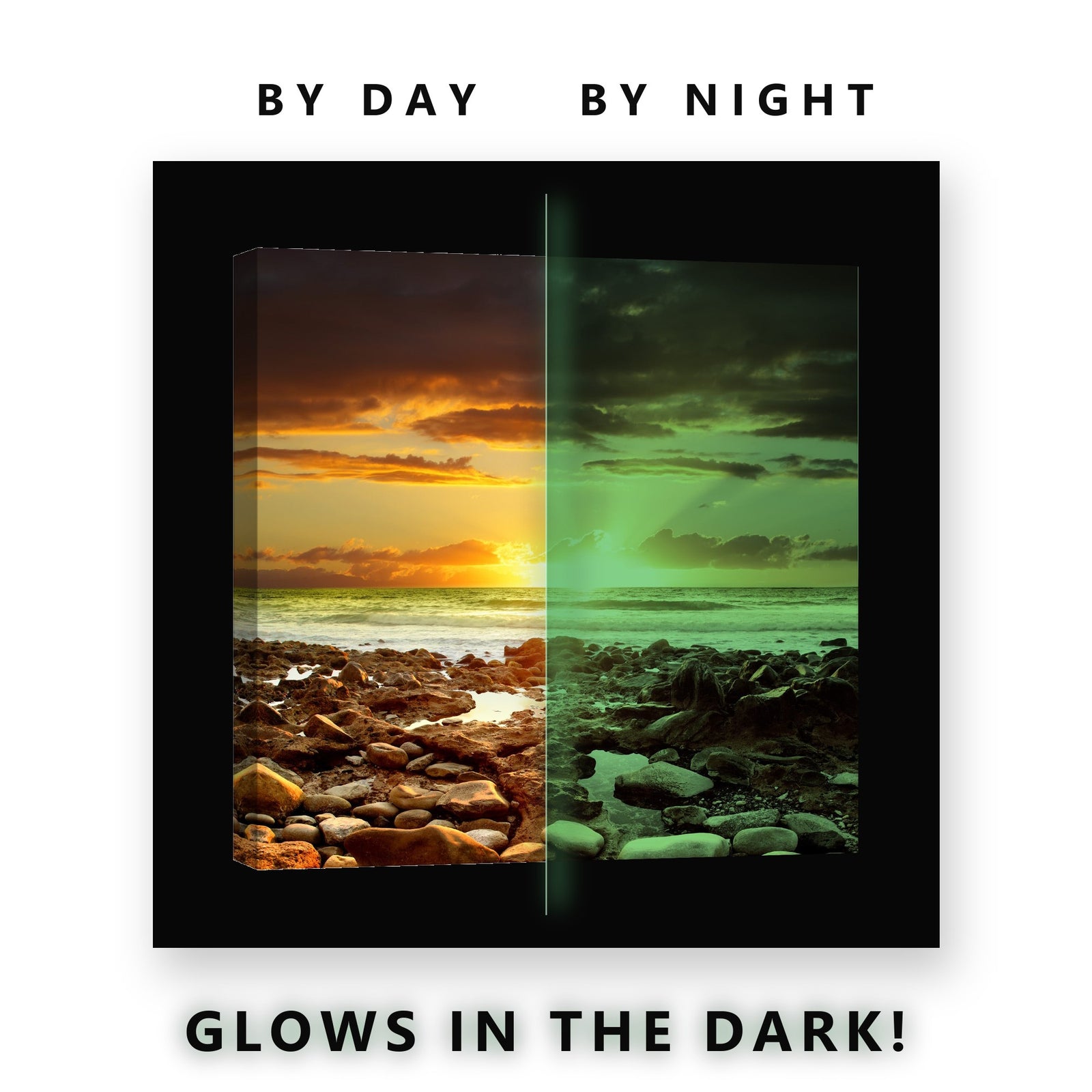 Sun Rays Rocky Tide Pool Beach Glow in the Dark Canvas Wall Art for Living Room, glowing at night