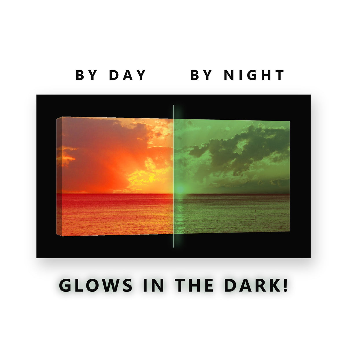 Vivid Orange Sunset Ocean Glow in the Dark Canvas Wall Art for Living Room, glowing at night