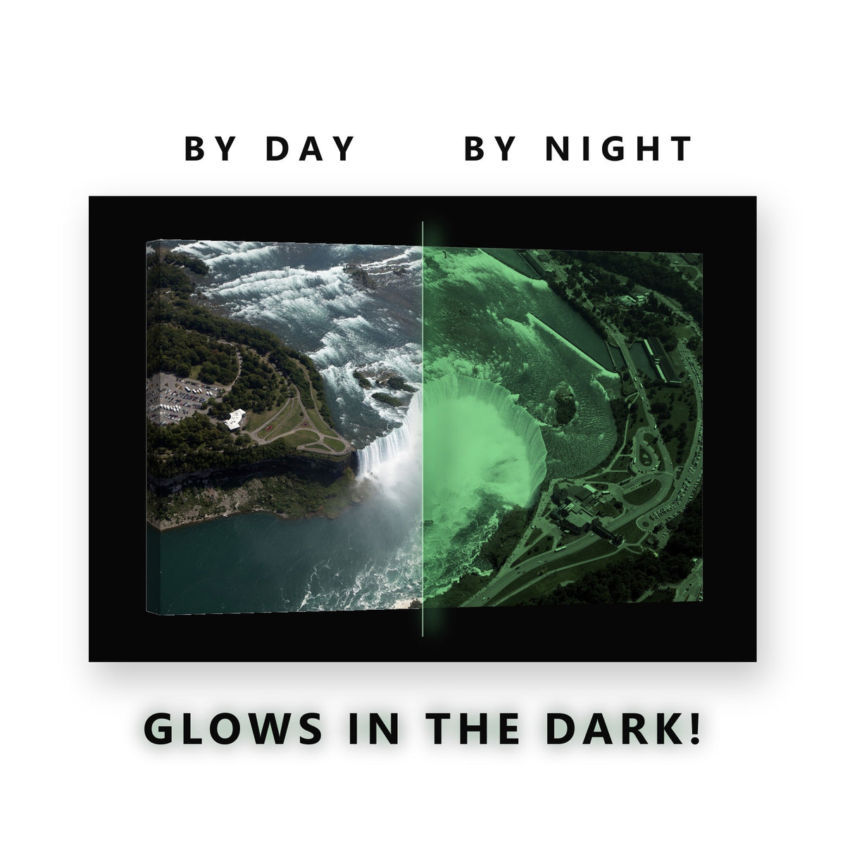 Horseshoe Waterfall Aerial View Glow in the Dark Canvas Wall Art for Living Room, glowing at night