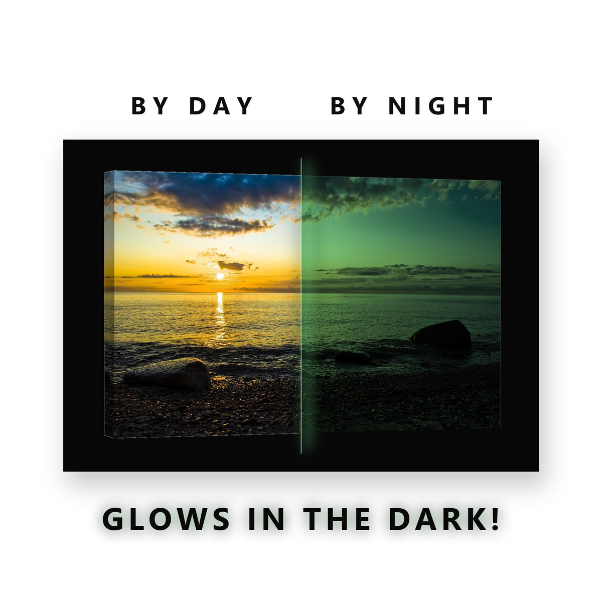Glowing Sunset Rocky Beach Dusk Glow in the Dark Canvas Wall Art for Bedroom, glowing at night