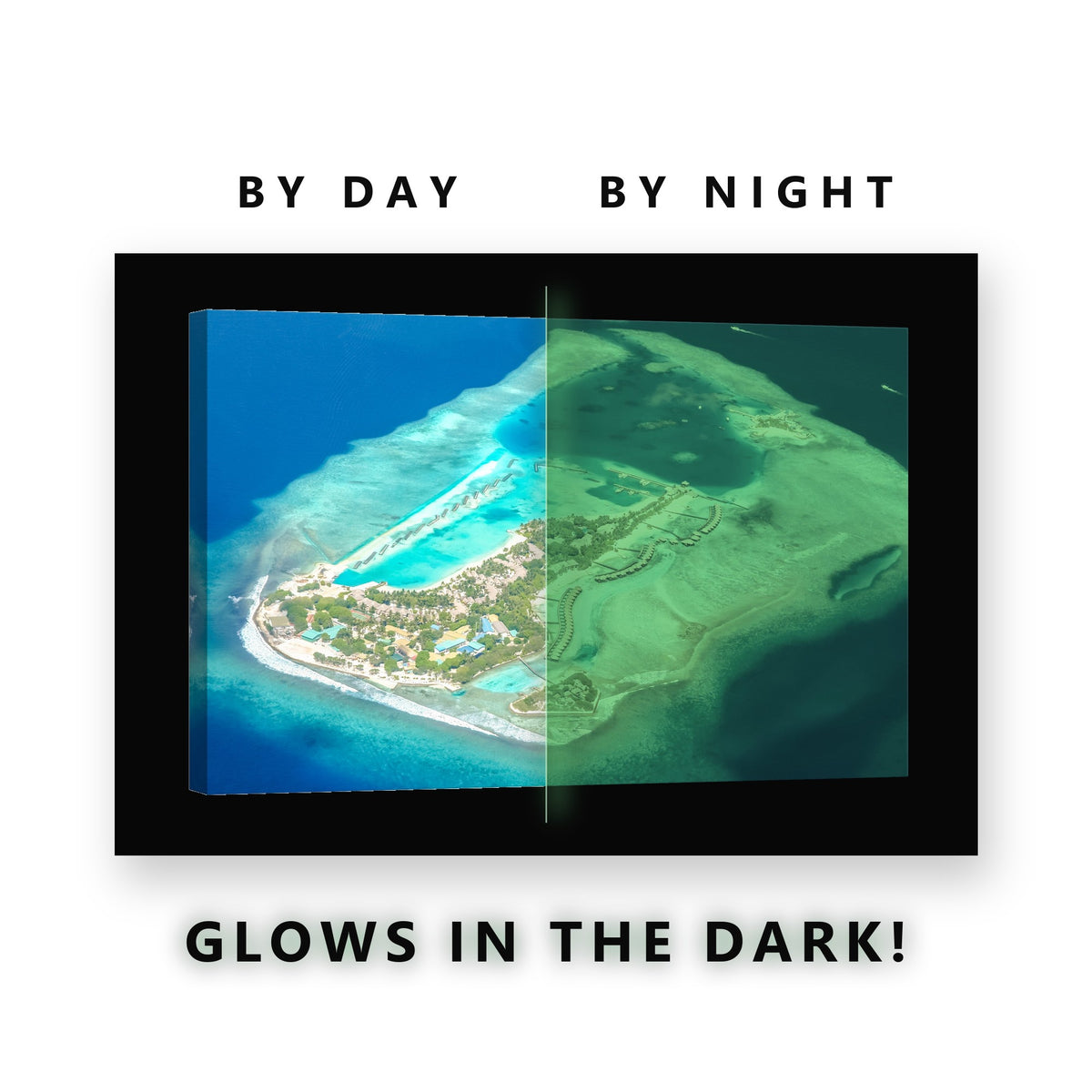 Glowing Tropical Resort Island Glow in the Dark Canvas Wall Art for Living Room, glowing at night