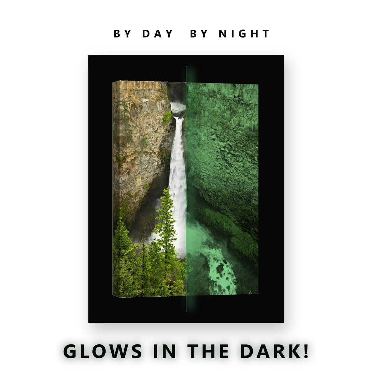 Glowing Tall Waterfall Canyon Glow in the Dark Canvas Wall Art for Living Room, glowing at night