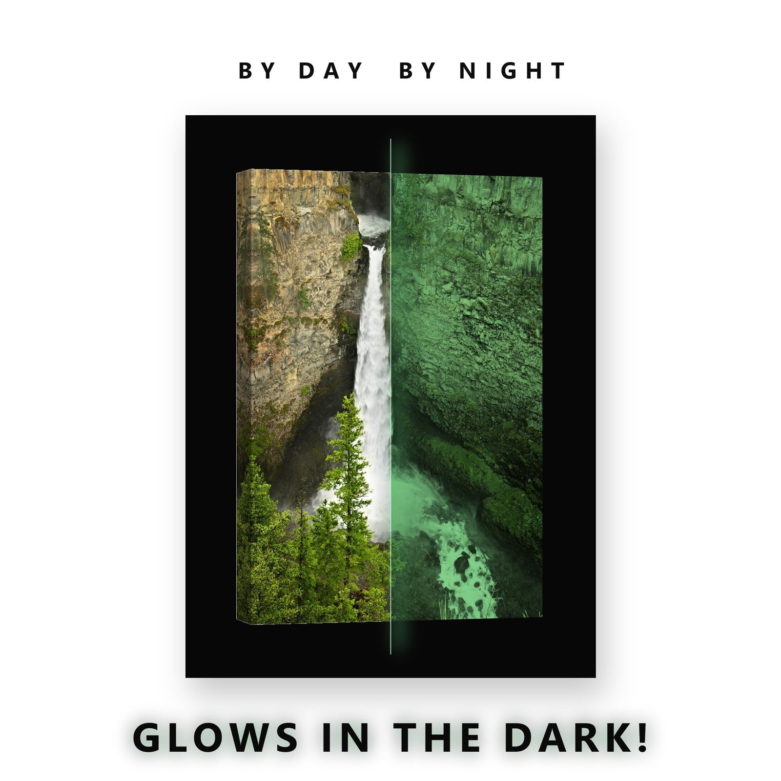 Glowing Tall Waterfall Canyon Glow in the Dark Canvas Wall Art for Living Room, glowing at night