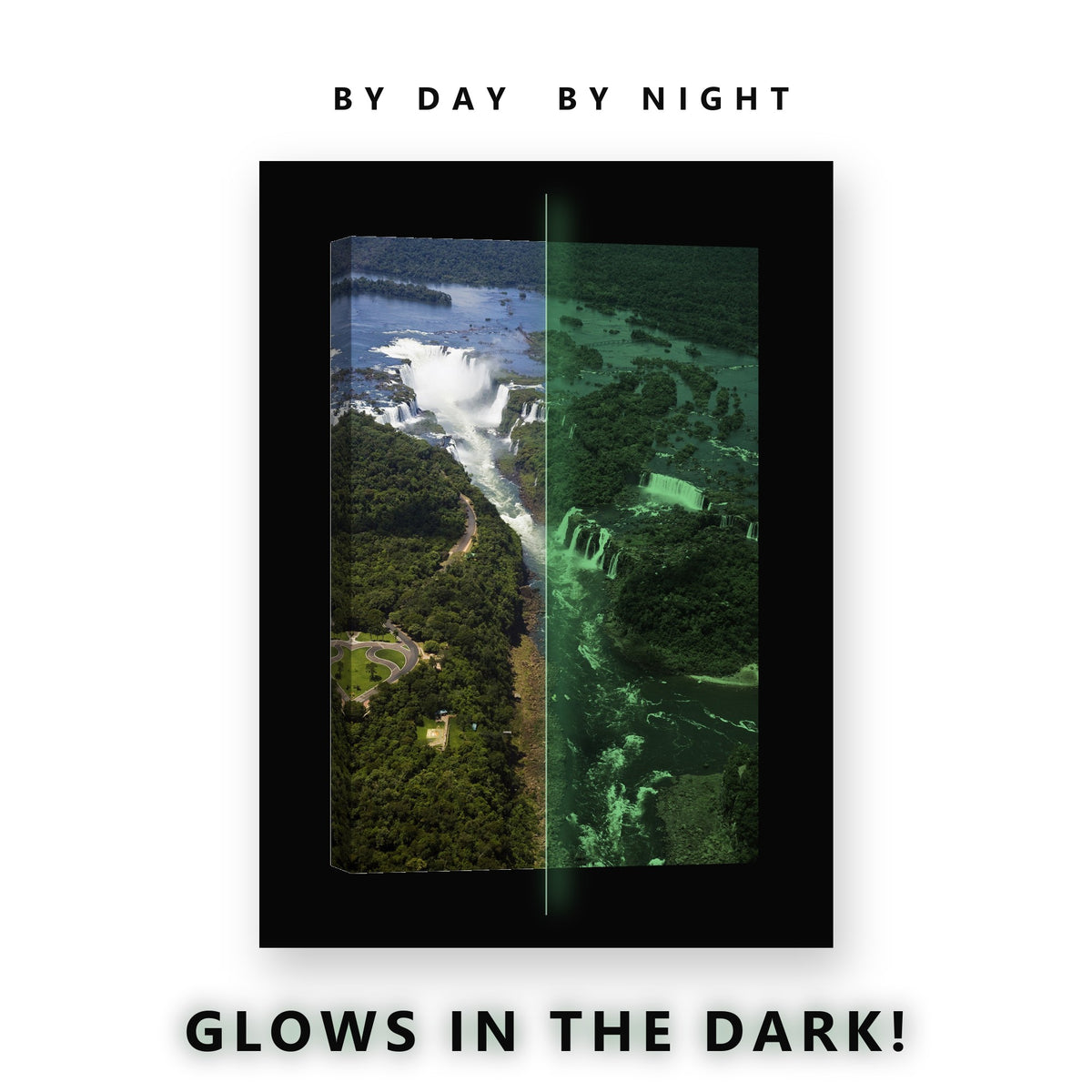 Rainforest Waterfall System Glow in the Dark Canvas Wall Art for Living Room, glowing at night