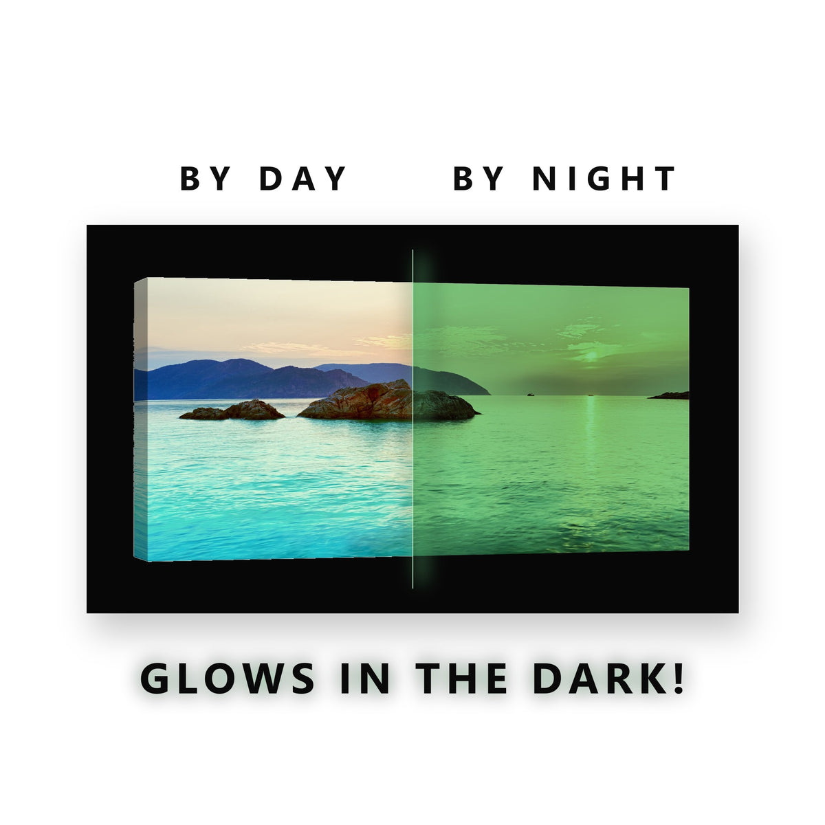 Turquoise Sea Sunrise Rocky Islets Glow in the Dark Canvas Wall Art for Bedroom, glowing at night