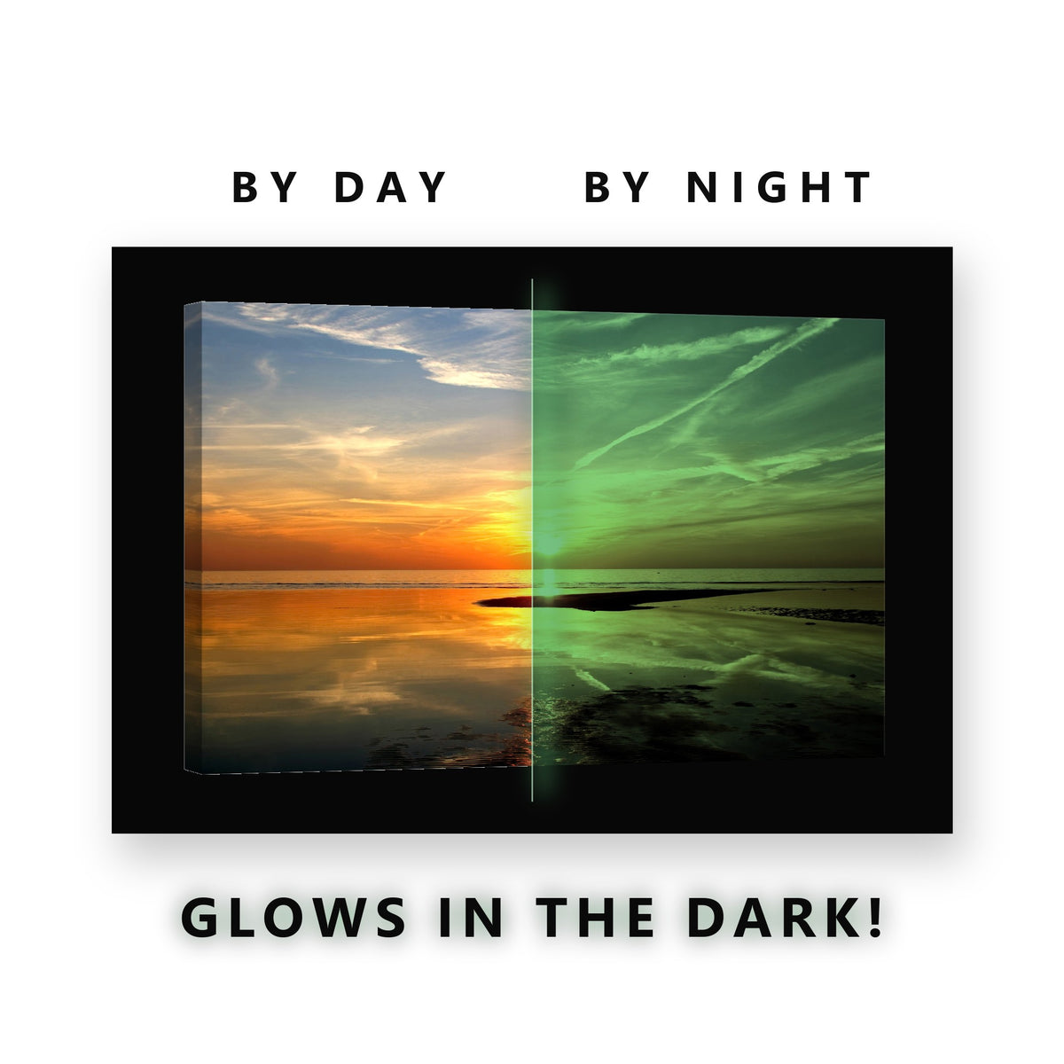 Golden Sunset Over Tidal Flats Glow in the Dark Canvas Wall Art for Living Room, glowing at night