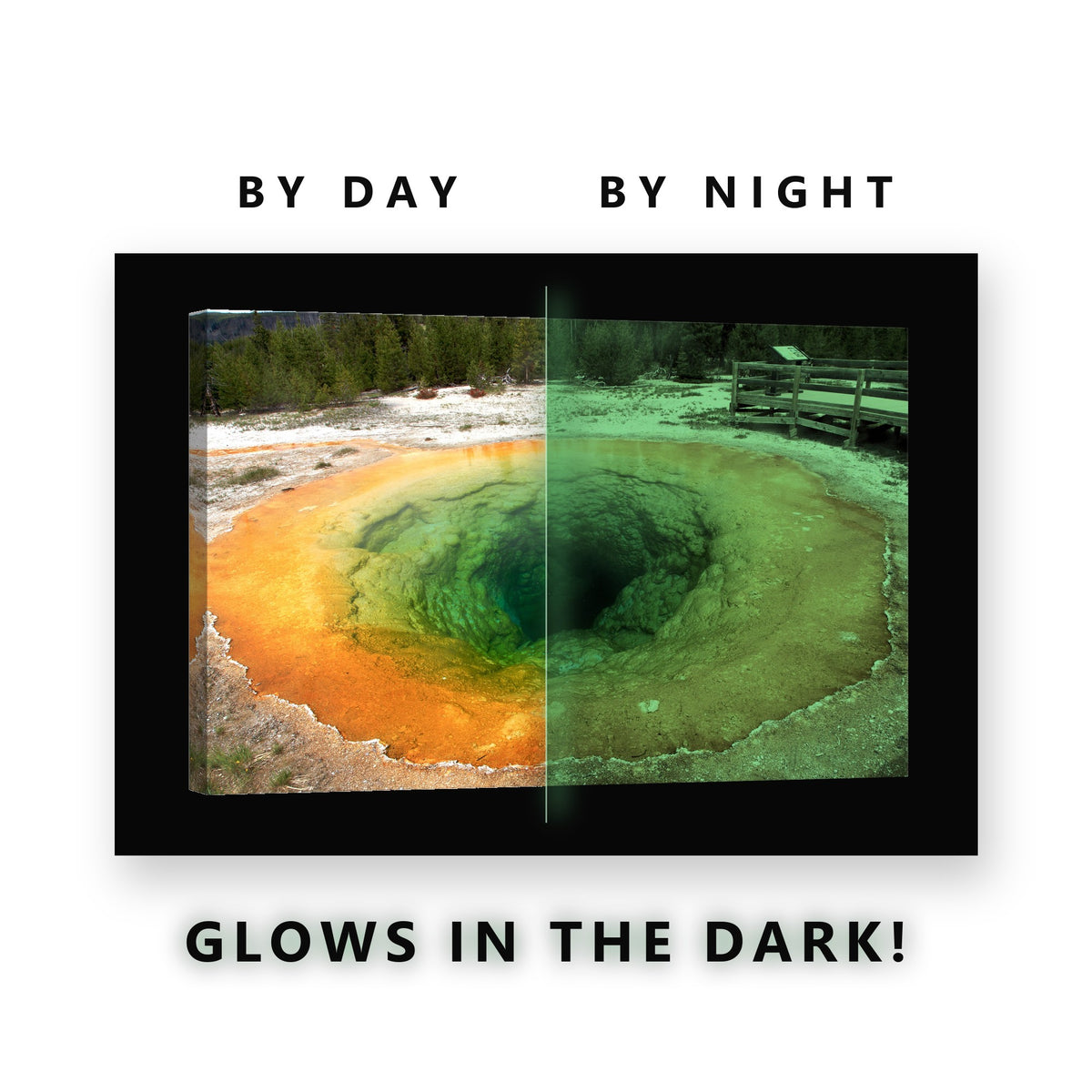 Emerald Hot Spring Pool Glow in the Dark Canvas Wall Art for Living Room, glowing at night