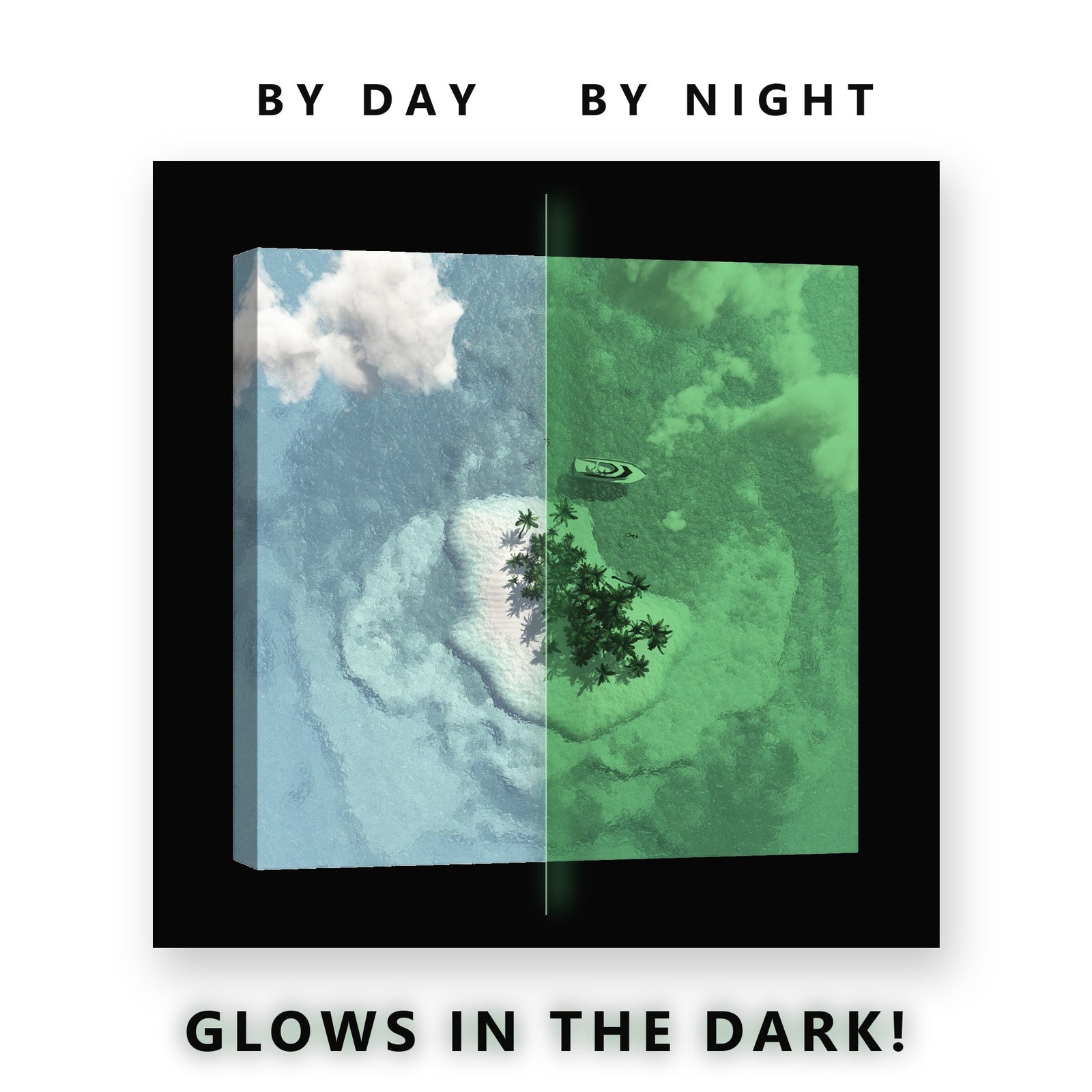 Tiny Palm Island From Above Glow in the Dark Canvas Wall Art for Bedroom, glowing at night